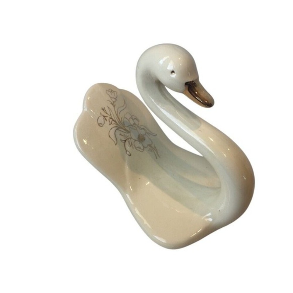 Ceramic Beige Swan With Gold beak Floral Design On Back‎  No Chips